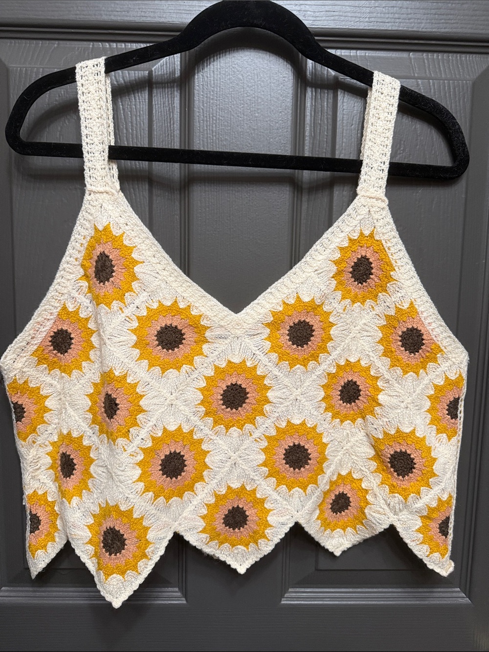 Altar'd State Cream Crochet Sunflower Crop Top with Yellow and Brown